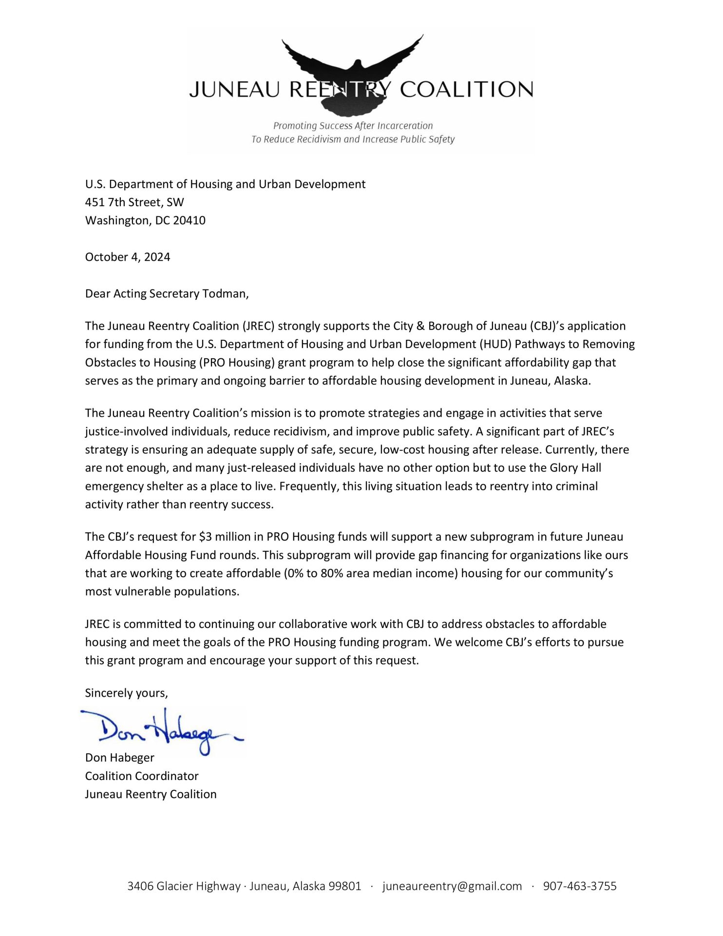 The Juneau Reentry Coalition's letter to the City and Borough of Juneau in support of its federal PRO Housing grant.